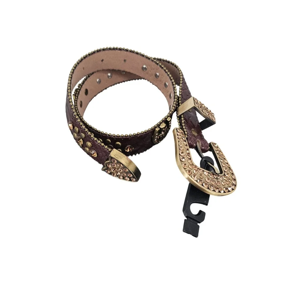 Western Brown Snakeskin Leather Rhinestone Horseshoe Belt Gold Studded CB1006